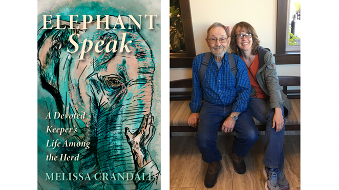 L: ELEPHANT SPEAK book cover; R: Roger Henneous with author Melissa Crandall