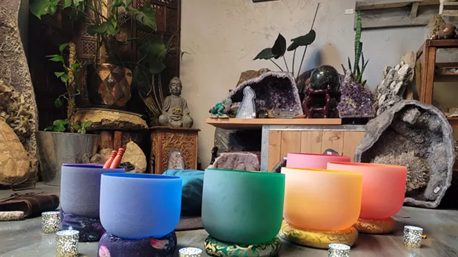 Image: 7 Chakra Colored Quartz Crystal Singing Bowls Sound Bath