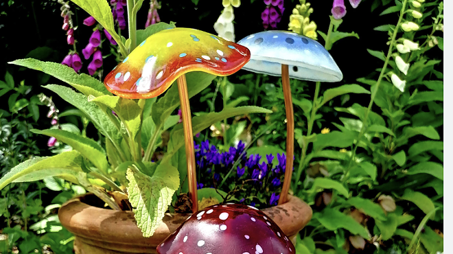 Image: Fused Glass Plant Stakes - Flowers and Mushrooms