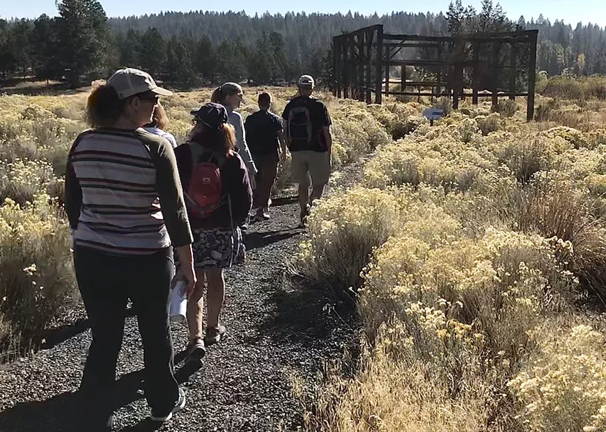 Deschutes Public Library Participants on a History Tour at Camp Polk Meadow Preserve.