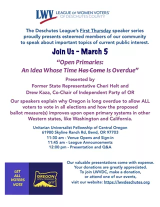 Image: League of Women Voters Deschutes County presents "Open Primaries: An Idea Whose Time is Overdue"