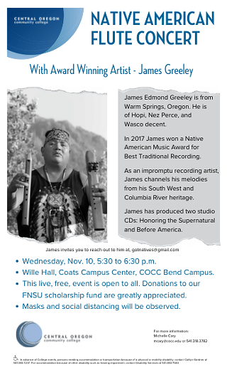 Native American Flute Concert with James Greeley from the Confederated Tribes of Warm Springs