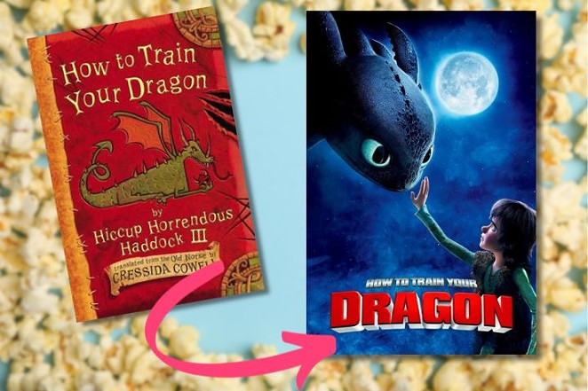 The book cover and movie poster of How to Train Your Dragon